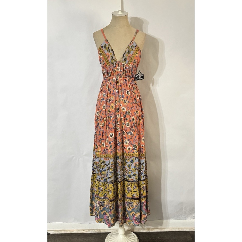 Angie Coral Patchwork  Sleeveless V-neck Open Tie Back Maxi Dress Size Small